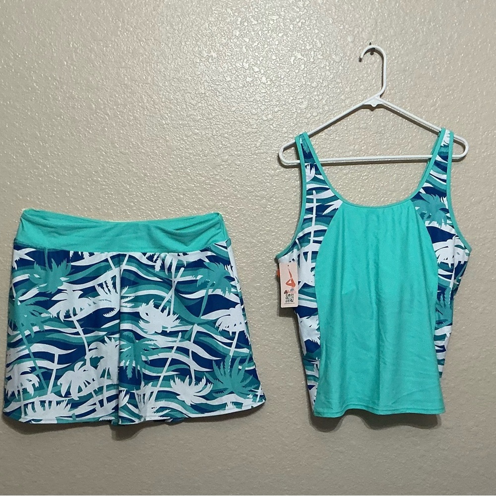 My Charmo Teal & Tropical Print Tankini & Swimskirt Set